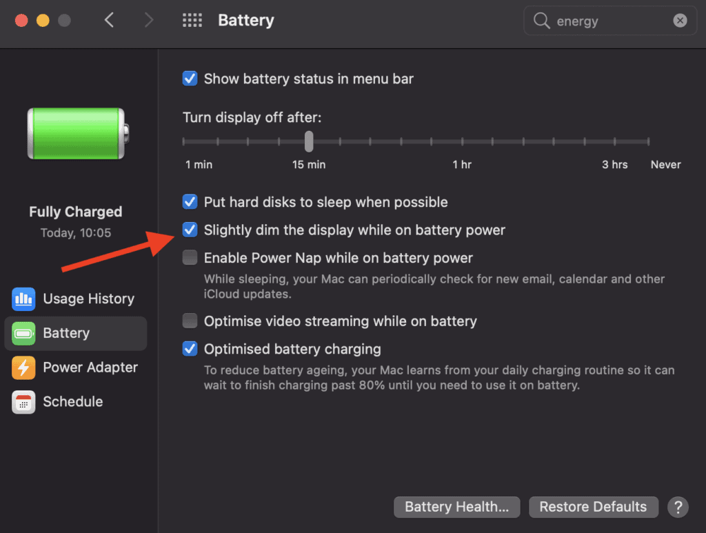 how to prevent mac from dimming when on battery power (unplugged)